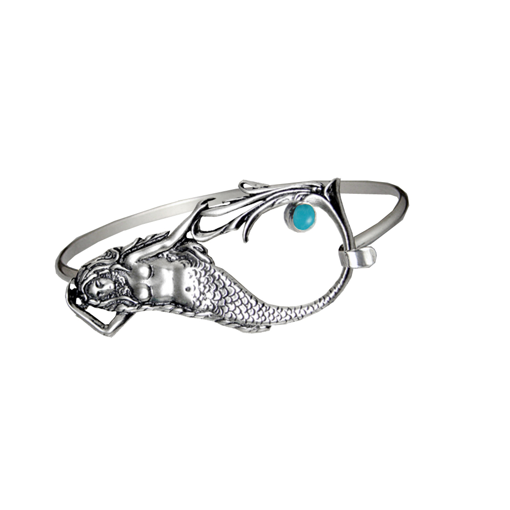 Sterling Silver Mermaid Strap Latch Spring Hook Bangle Bracelet With Turquoise